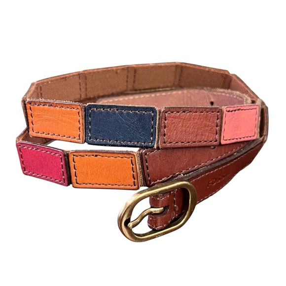 Fossil leather belt brown colorful color block boho some stretch EUC - Picture 1 of 6